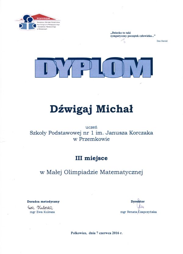 Mała Olimpiada Matematyczna 2016 Dźwigaj Michał 